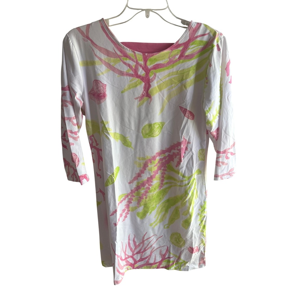 Anaclare NEW Candy Dress‎ White Pink Green Coral Print 3/4 Sleeve Beach Dress M